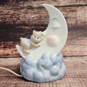 Man in the Moon w Sleeping Teddy Bear Night Light Vintage Nursery Nite Lite Blue